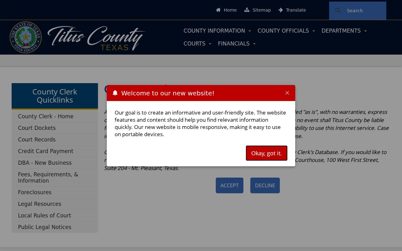 Titus County criminal court docket as-is records notice