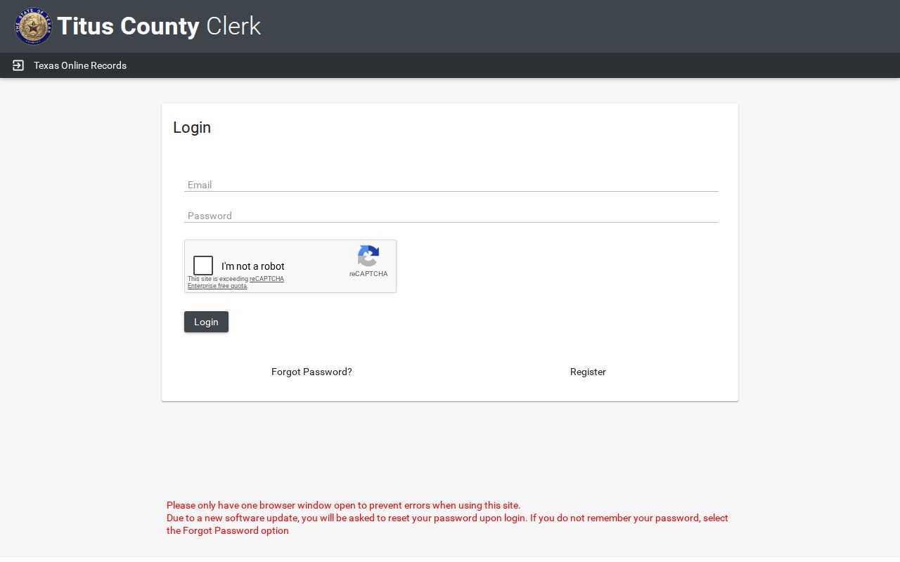 Titus County criminal court docket portal login screen