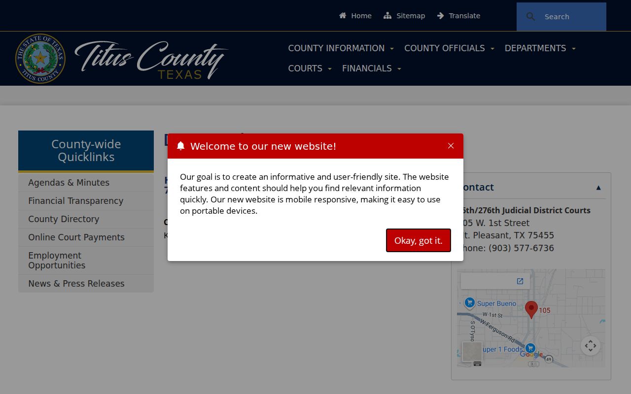 Titus County civil court docket district judges and coordinator