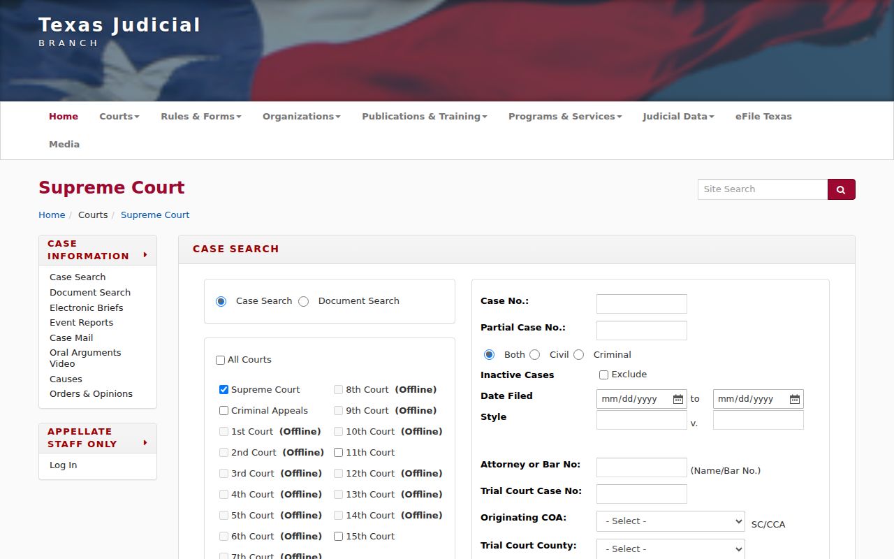 Titus County docket search appellate fields in TAMES