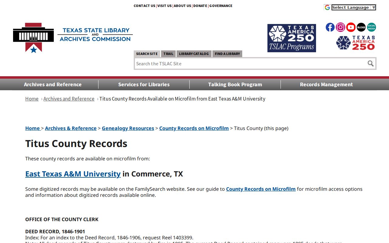Titus County court and probate microfilm history inventory