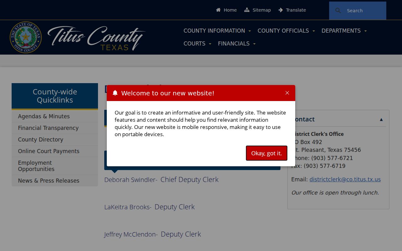 Titus County court docket District Clerk contact page